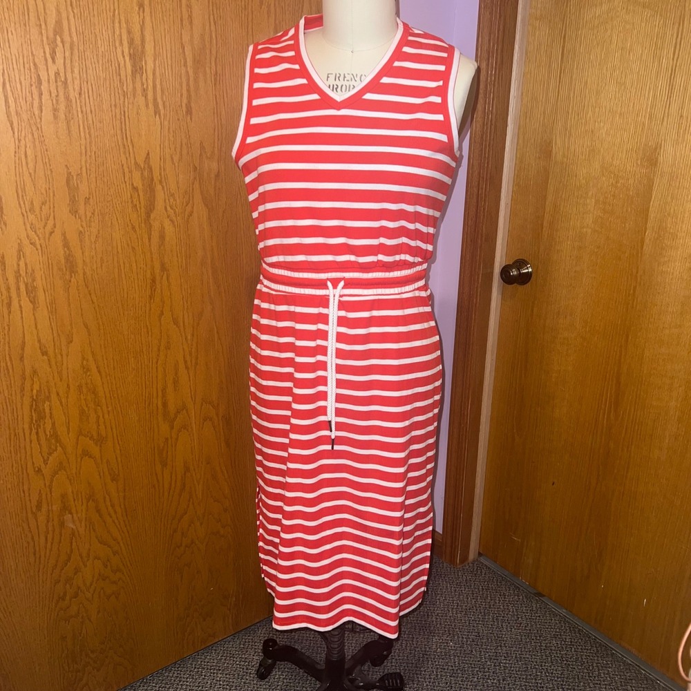 Live Well Lifestyle Midi Dress Womens Medium Red White Striped Drawstring Ribbed